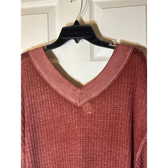 We The Free‎ Waffle Knit Top Woman XS Sweater Long Sleeve Burnt Orange V Neck - Picture 3 of 11